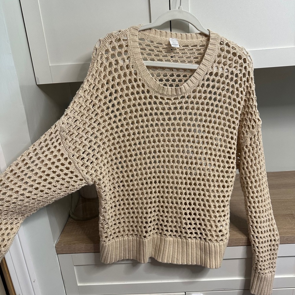 Old Navy Open Stitch Sweater Womens L Beige Crew Neck Crochet Knit Pullover Boho